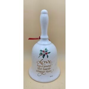 White Ceramic Bell Love Has a Sound Christmas Holly Ribbon